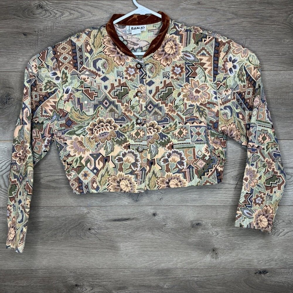 Banjo Dallas TX Crop Jacket Womens XL Tan Western Floral Aztec Brocade Long Slv - Picture 2 of 10